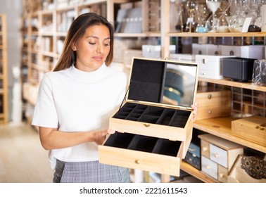 Cheerful Hispanic Female Housewife Buying Storage Containers For Jewelry In Home Decor Shop