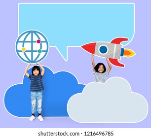 Cheerful kids holding technology icons