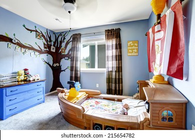 Cheerful kids room in light purple color with boat bed and murals