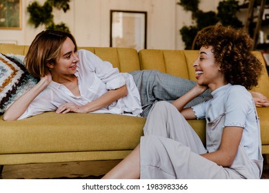 Cheerful Lesbian Couple Talking In A Living Room