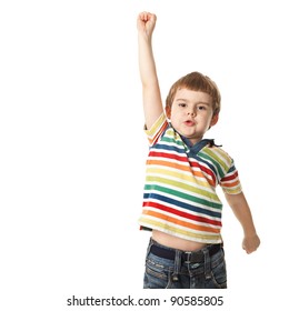 cheerful little boy raised his hand up. Isolated on white background.  shooting in the studio