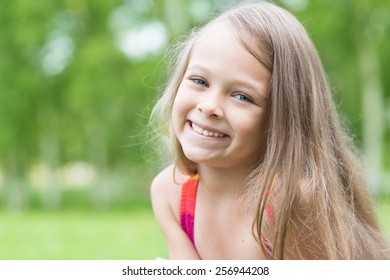 Cheerful Little Girl On Background Greenery Stock Photo 256944208 ...