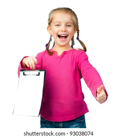 Cheerful Little Girl Standing With White Blank Banner, Board, Placard