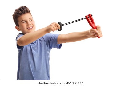 Cheerful little kid shooting with a slingshot isolated on white background