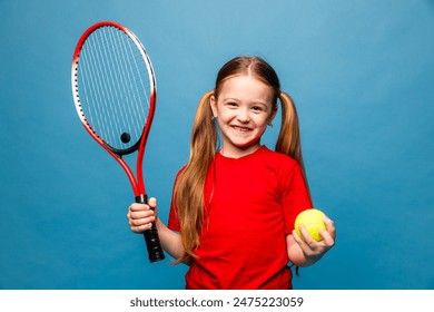 Cheerful little sports girl in red t-shirt playing tennis isolated over blue background. Sport, study, childhood concept. Copy space for ad, text. Beach summer tennis camp. - Powered by Shutterstock