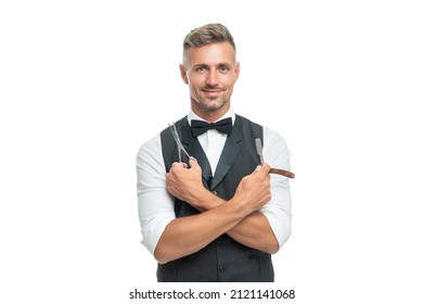 Cheerful Man Barber With Razor Blade And Scissors In Bow Tie Isolated On White Background