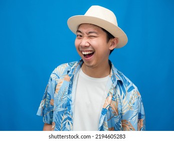 Cheerful Man Beach Shirt Gesture Close One Eye Blue Background