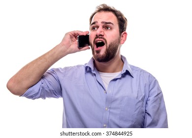 Cheerful Man With Beard Singing With His Cell Phone To His Ear