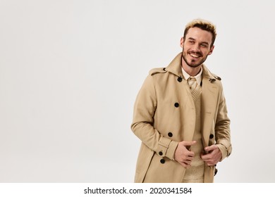 Cheerful Man In Coat Small Fish Studio Lifestyle Isolated Background