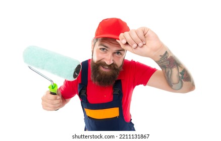 cheerful man painter with paintroller isolated on white background. man painter with paintroller.