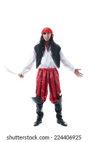 Cheerful Man In Pirate Costume, Isolated On White