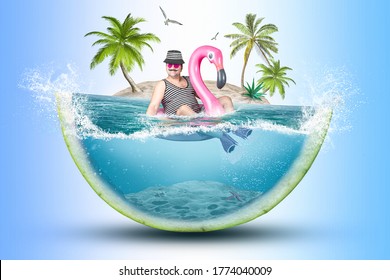 Cheerful man in a striped suit swim
in flamingo rubber ring against the background of an island .Collage. - Powered by Shutterstock