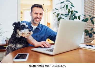 Cheerful Man Using Laptop At Home With Dog On Lap Looking On A Screen