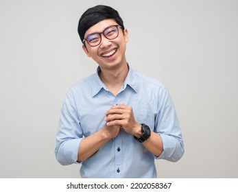 Cheerful Man Wear Glasses Smile And Feels Shy Gesture Joy Hands Isolated