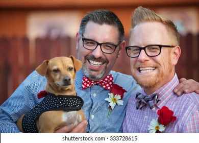 Cheerful Married Gay Couple Outdoors With Dog