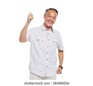 Cheerful Mature Asian Man Giving Thumbs Up