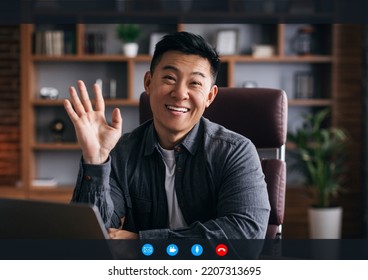 Cheerful Mature Chinese Man With Laptop Waving Hand At Camera In Room Interior On Device Screen With Buttons, Collage. Video Call, Meeting At Home, Distance Work, Study And New Normal Due Covid-19