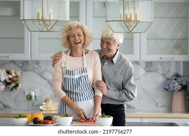 Cheerful Mature Couple Cooking Healthy Meal For Dinner Together, Cutting Fresh Vegetables, Talking, Smiling, Having Fun, Laughing, Hugging. Husband Helping Wife To Prepare Lunch