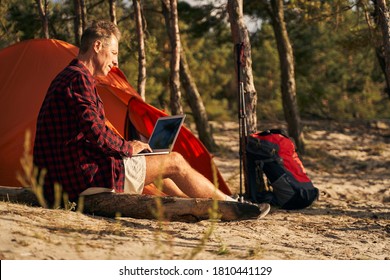 Cheerful mature man is sitting near tent in nature and typing on laptop after nordic walking