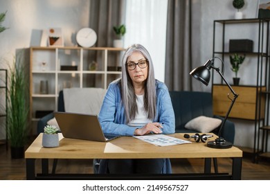 Cheerful Mature Woman Sitting At Desk With Laptop And Looking At Camera. Caucasian Pensioner Female In Denim Shirt Using Portable Computer For Work At Bright Room At Home.