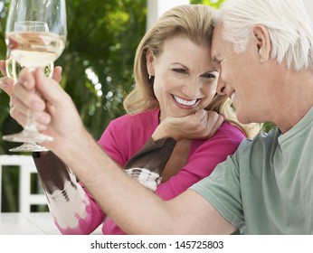 Cheerful Middle Aged Couple Toasting Wine Glasses