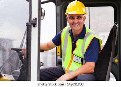 Cheerful Middle Aged Forklift Operator