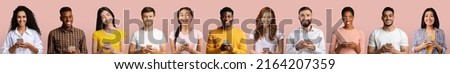 Cheerful millennial different males and females typing on smartphones, check social networks, isolated on beige background, panorama, studio. Modern communication, new normal, offer and good news