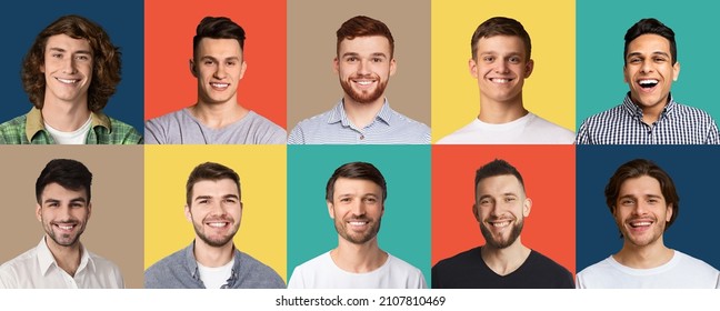 Cheerful Multiracial Men Of Different Occupations Smiling On Diverse Colorful Backgrounds, Collection Of Closeup Portraits, Panorama. Web Banner For International Men Community Or Association