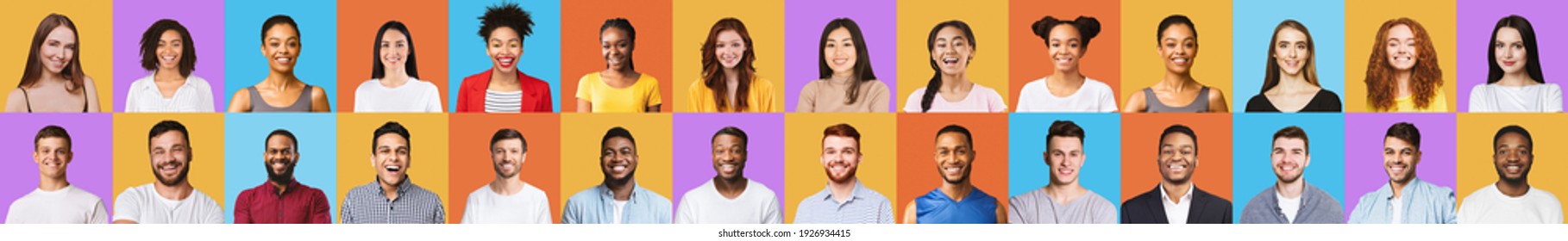 Cheerful Multiracial Millennials Portraits With Smiling Face Of Young People Posing Over Bright Colored Backgrounds. Different Happy Female And Male Faces, Headshots Collage. Panorama