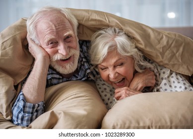 Cheerful Old Married Couple Lying In Bed Under Blanket. Woman Is Laughing And Man Is Looking At Camera With Smile. Concept Of Happiness