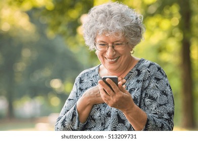 Cheerful Old Woman Excited On Receiving Some Good News Over Smartphone. Happy Senior Woman At Park Using Mobile Phone. Cute Elderly Woman Receive A Message Phone For Her Beloved.