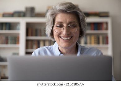 Cheerful Older Business Teacher Woman In Stylish Glasses Making Video Call On Laptop, Speaking, Smiling At Computer Webcam, Enjoying Online Chat. College Professor Giving Webinar From Library