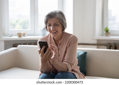 Cheerful older grandma woman talking on video call, typing on smartphone, sitting on home couch, enjoying online communication, holding digital gadget, using Internet app, laughing, smiling - Powered by Shutterstock