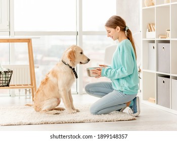 Cheerful Owner Feeding Cute Dog