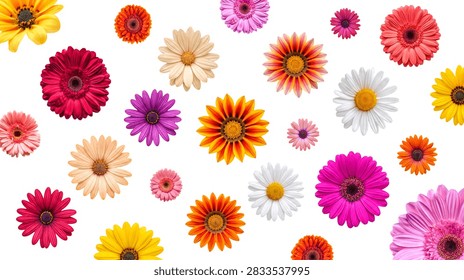 An cheerful pattern featuring a diverse array of colorful daisy-like blooms in shades of pink, yellow, orange, and purple.