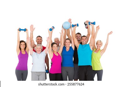 Cheerful People Holding Exercise Equipment On White Background