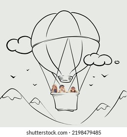Cheerful  playful children  boy   girls having dream to fly air balloon  Dreaming doodles  drawings  Concept childhood  dreams  creativity  fun  lifestyle  retro style