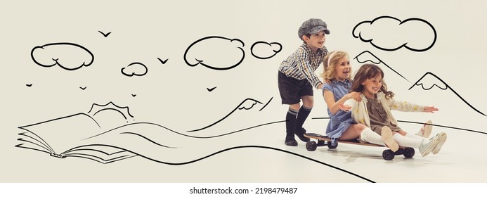 Cheerful  playful children  boy   girls playing together  having fun  skateboarding  Dreaming doodles  Concept childhood  dreams  creativity  fun  lifestyle  retro style