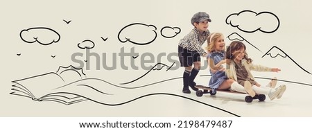 Cheerful, playful children, boy and girls playing together, having fun, skateboarding. Dreaming doodles. Concept of childhood, dreams, creativity, fun, lifestyle, retro style