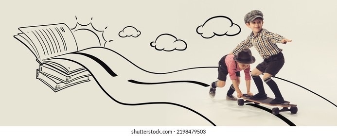 Cheerful, playful children, boys playing together, having fun, skateboarding. Childhood dreams doodles. Adventures. Concept of fun, childhood, imagination, creativity, lifestyle and retro style - Powered by Shutterstock