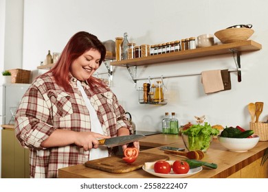 Cheerful plus size woman slices tomatoes in her cozy kitchen. - Powered by Shutterstock