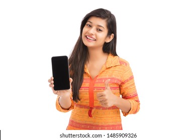 Cheerful Pretty Indian Young Women Showing Smartphone