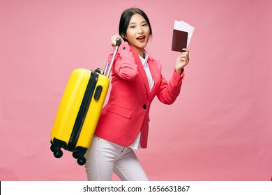 Cheerful Pretty Woman Travel Luggage Vacation Passport And Airplane Ticket Destination