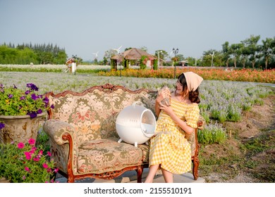 Cheerful Pretty Young Woman With Hair Tied By Handkerchief Holding And Hugging Cute Little Prairie Dog Sitting On Vintage Sofa Relaxing In Beautiful Flower Garden. Asian People.