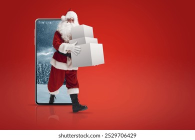 Cheerful Santa Claus coming out of a smartphone screen and delivering gifts: Christmas, online shopping and delivery service concept - Powered by Shutterstock