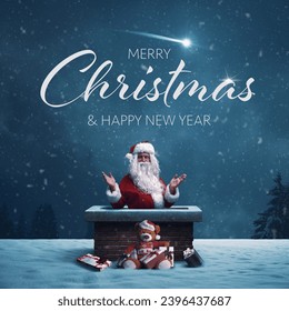 Cheerful Santa Claus standing in a chimney on a roof, he is delivering gifts and wishing Merry Christmas, greeting card - Powered by Shutterstock