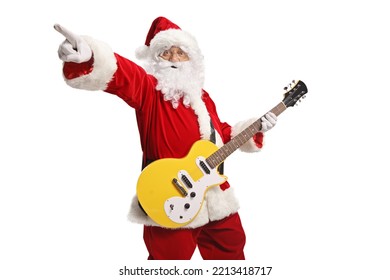 Cheerful santa claus with a yellow electirc guitar pointing isolated on white background - Powered by Shutterstock