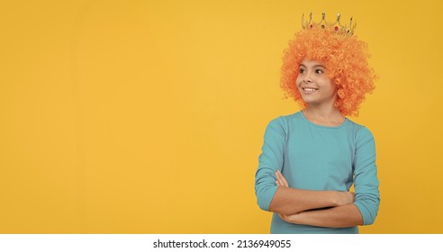 Cheerful Selfish Child Girl In Curly Wig And Princess Diadem, Copy Space, Girlish