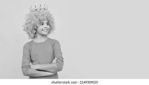 Cheerful Selfish Child Girl In Curly Wig And Princess Diadem, Copy Space, Girlish