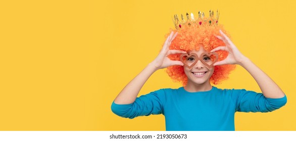 Cheerful Selfish Child Girl In Curly Wig And Princess Diadem Wear Party Glasses, Birthday. Funny Teenager Child In Wig, Party Poster. Banner Header, Copy Space.